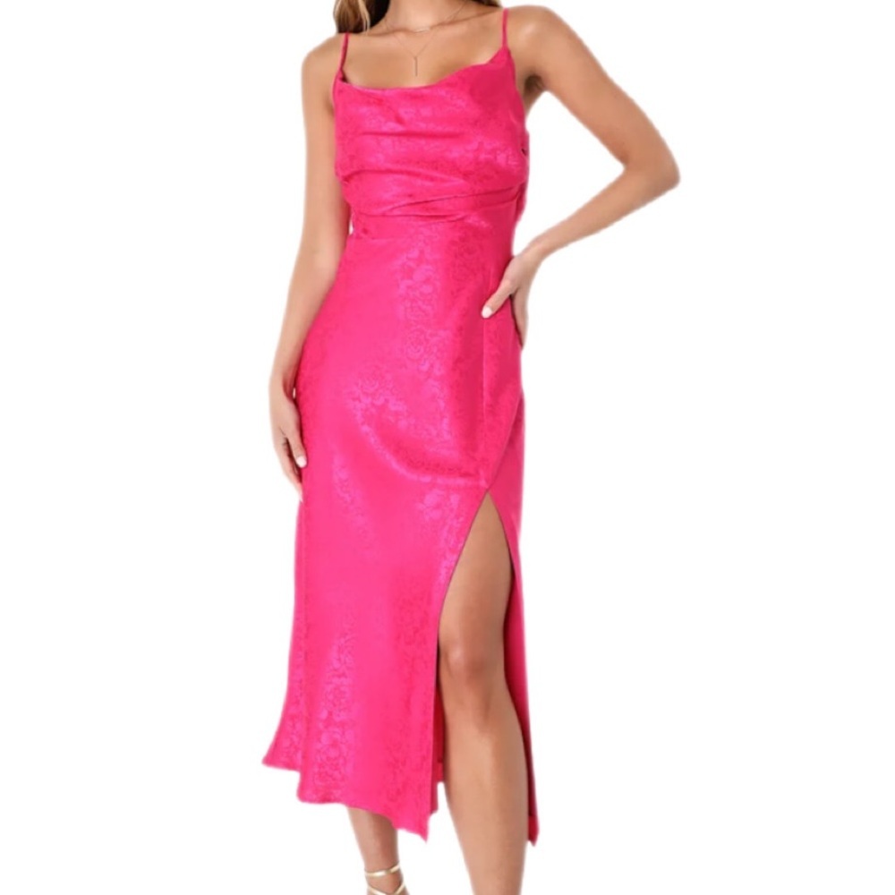 Stunning Formal Radiance Hot Pink Satin Jacquard Cowl Midi Dress, NWT, Size XS - Picture 13 of 15